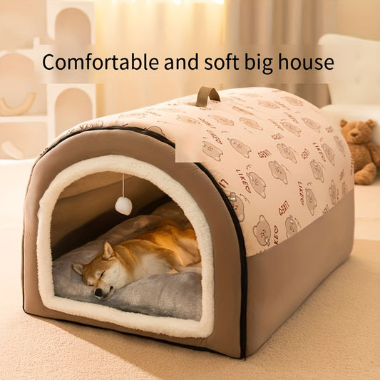 Cozy Cartoon Dog House Bed for All Seasons - Polyester Fiber Pet Sofa with Warm Plush Lining, Removable & Washable Cover, Non-Slip Bottom - Fits Extra Small to Large Dogs, Assembled Indoor Puppy & Cat Bed